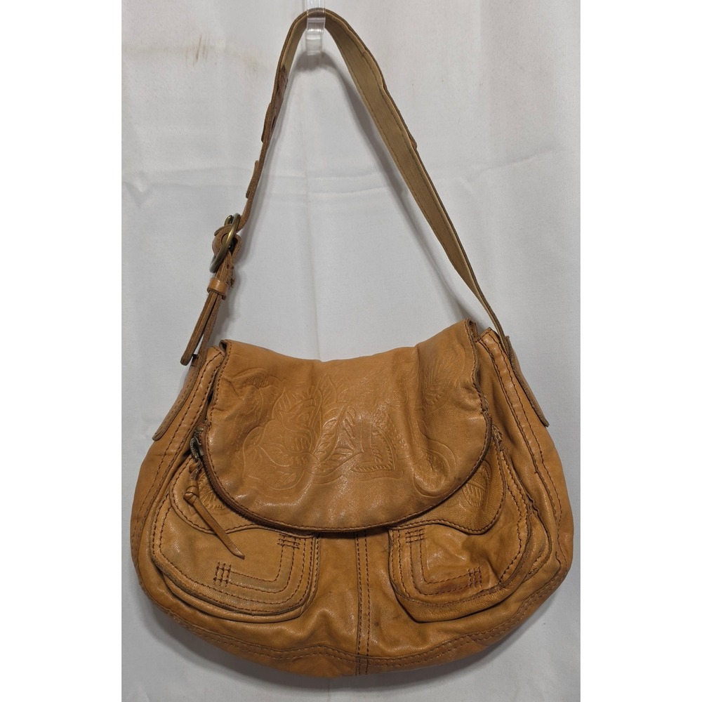VTG Lucky Brand Tan Italian Lamb Leather Embossed Floral Ramblin Rose Hobo Bag